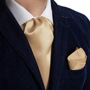 Mens Solid Color Ascot & Pocket Square Set Gold